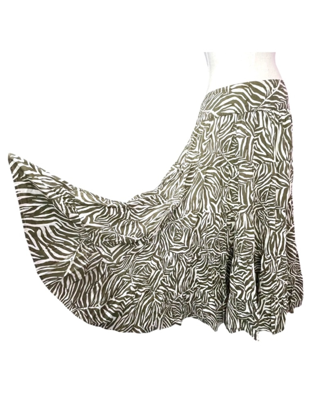 100% Cotton Zebra Skirt 8 Olive Green White Maxi Long A-Line Full Tiered